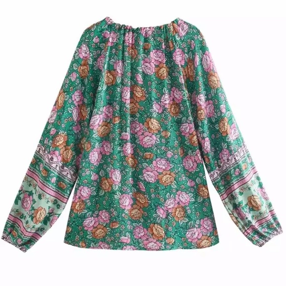 Bohemian Green & Pink Floral Peasant Blouse Top - Picture 3 of 6